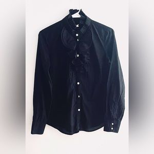 Women’s J.Crew 100% cotton, solid black button-up frilly top.
